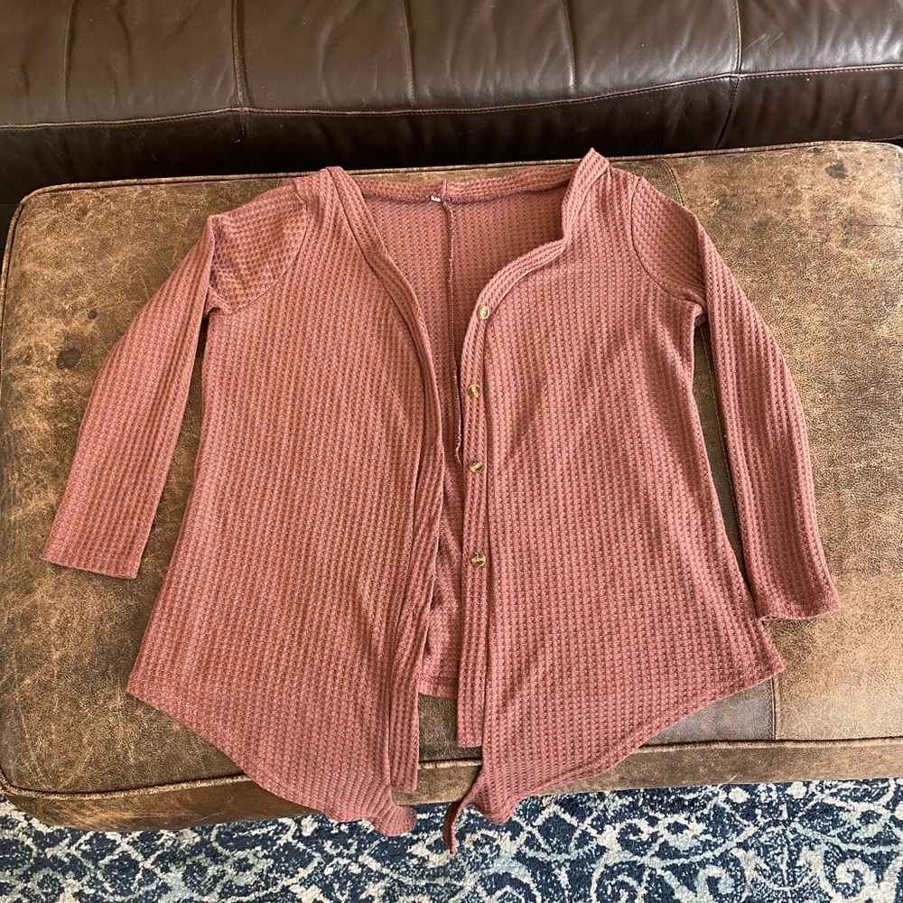 Mauve cardigan, button up, long sleeve, good condition.